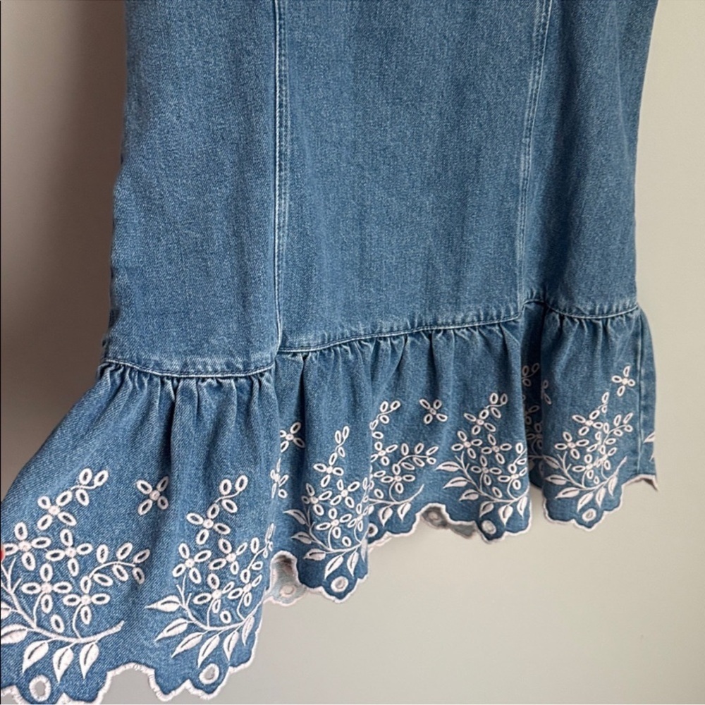 Embroidered Hem Denim Mini Dress - Blue - Picture 13 of 14
